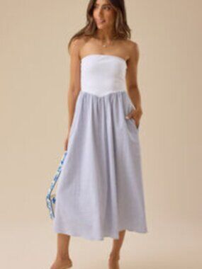 Altar'd State Renee Strapless Midi Dress Blue White Stripes sz M w. Pockets!